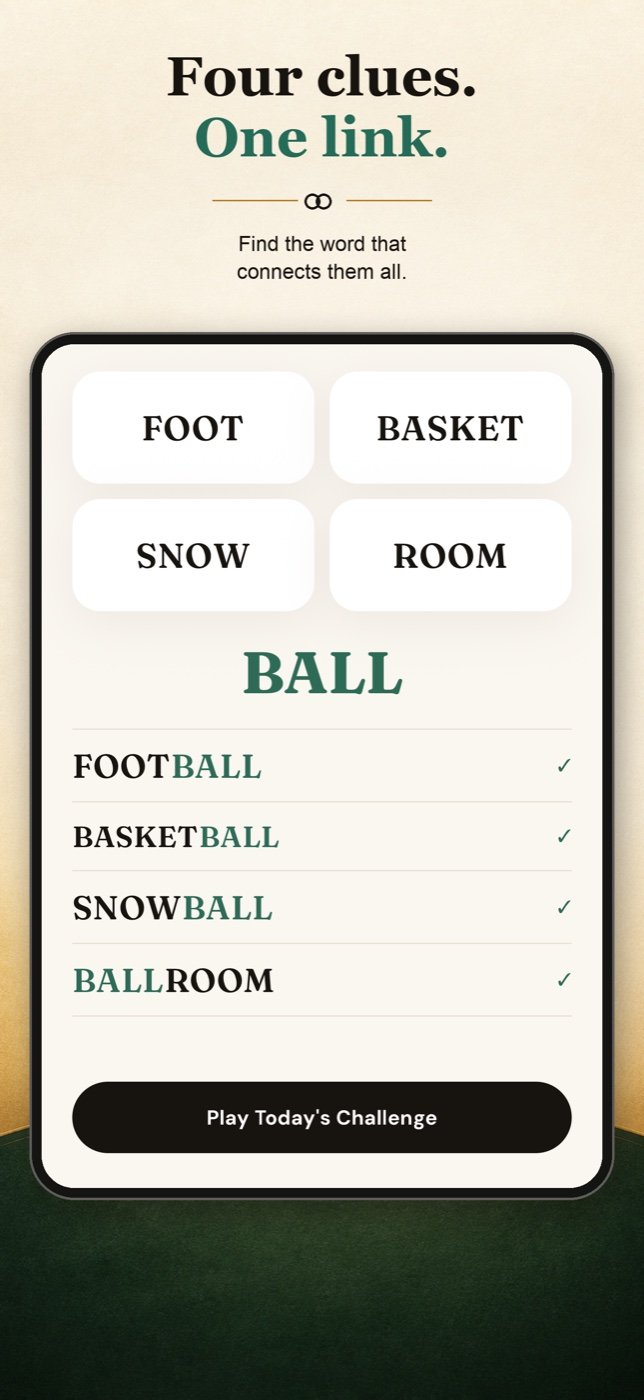 Word Link showing the clues Foot, Basket, Snow, and Room connected by the answer Ball